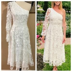 NWOT Lulus Eloquent Elegance White Embroidered Lace One-Shoulder Midi Dr…